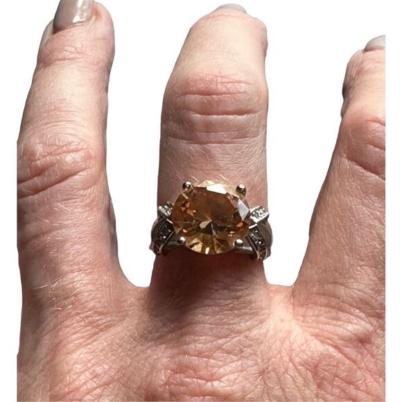 Sterling silver 925 round Citrine CZ flanked by small czs size 7 - Picture 9 of 12